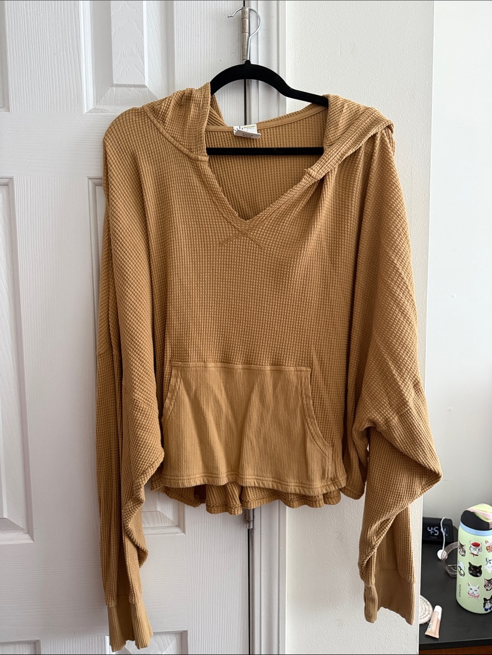 aerie Waffle-Knit Hooded Pullover in Camel Brown